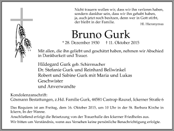 Traueranzeige von Bruno Gurk von Stadtanz.Castrop-Rauxel