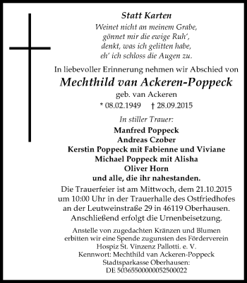 Traueranzeige von Mechthild van Ackeren-Poppeck von Wochen-Anzeiger Oberhausen