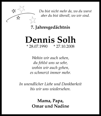 Traueranzeige von Dennis Solh von Stadtspiegel Bottrop