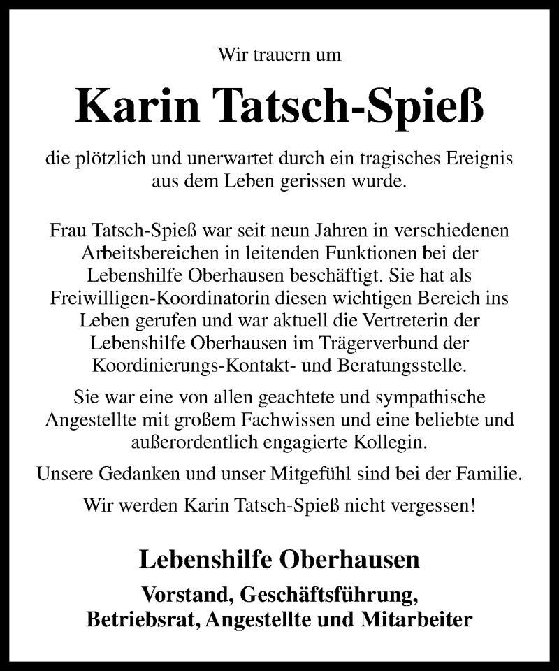 Traueranzeige für Karin Tatsch-Spieß vom 21.10.2015 aus Stadtspiegel Bottrop