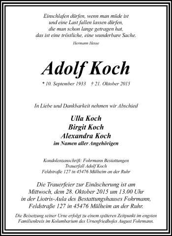 Traueranzeige von Adolf Koch von Mülheimer Woche