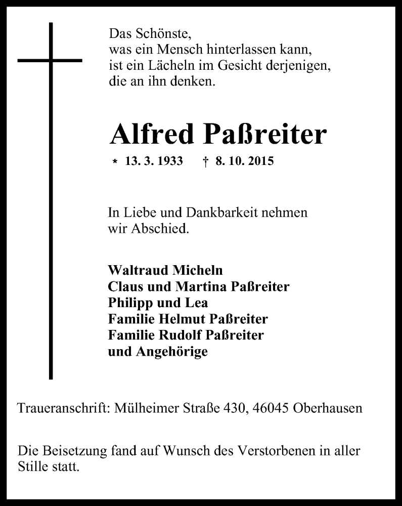  Traueranzeige für Alfred Paßreiter vom 17.10.2015 aus Wochen-Anzeiger Oberhausen