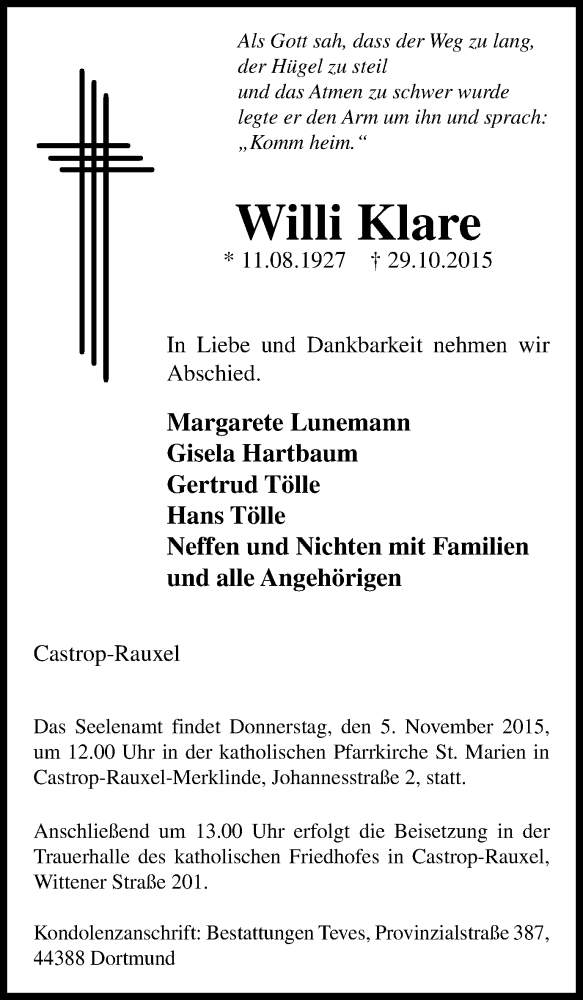  Traueranzeige für Willi Klare vom 31.10.2015 aus Stadtanz.Castrop-Rauxel