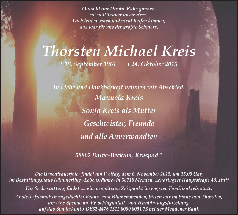  Traueranzeige für Thorsten Michael Kreis vom 31.10.2015 aus Stadtspiegel Menden + Froendenberg
