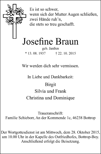 Traueranzeige von Josefine Braun von Stadtspiegel Bottrop