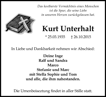 Traueranzeige von Kurt Unterhalt von Wochen-Anzeiger Oberhausen