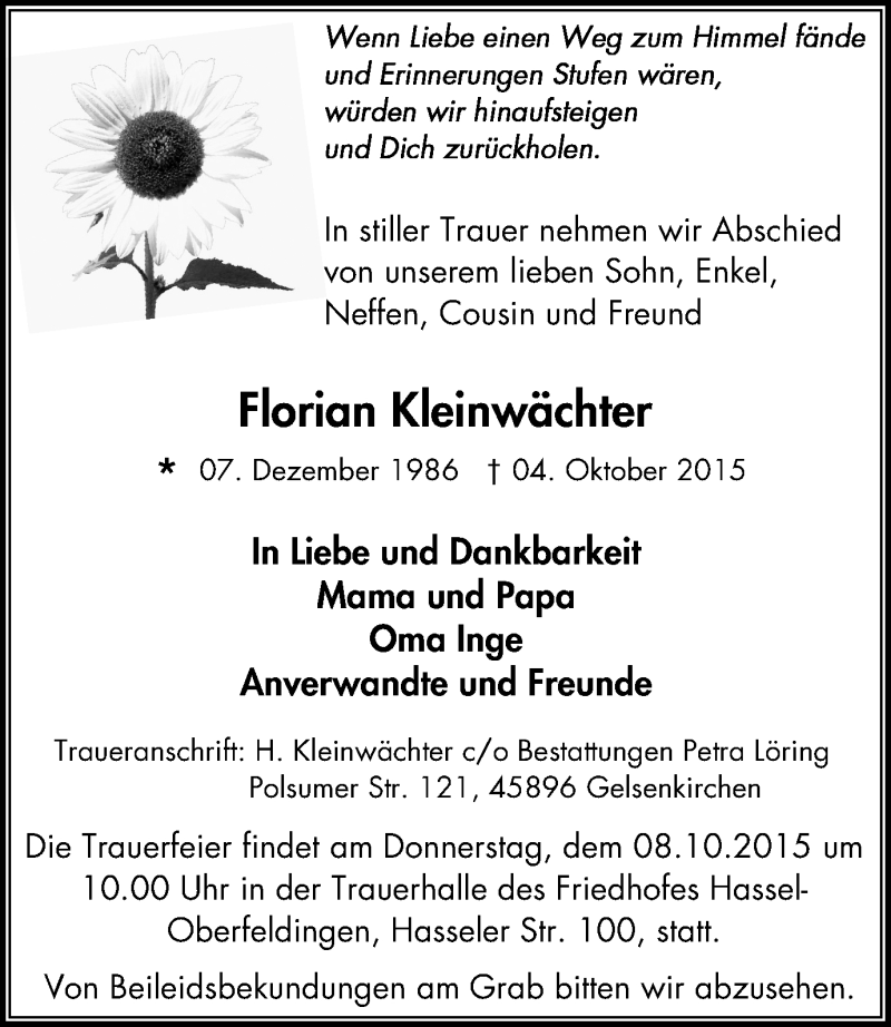  Traueranzeige für Florian Kleinwächter vom 07.10.2015 aus Stadtspiegel Gelsenkirchen