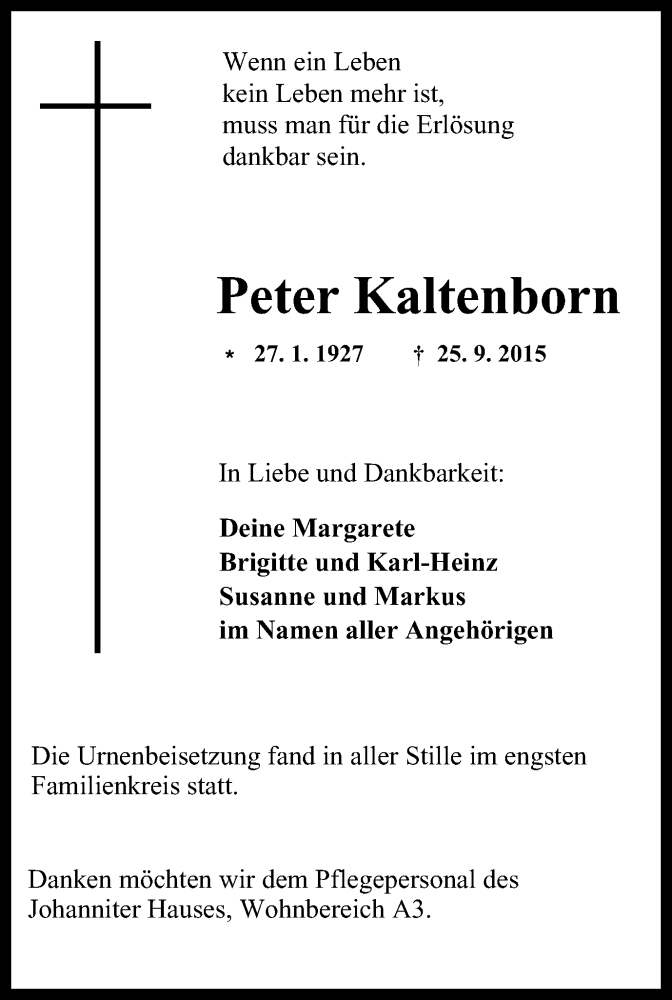  Traueranzeige für Peter Kaltenborn vom 10.10.2015 aus Wochen-Anzeiger Oberhausen