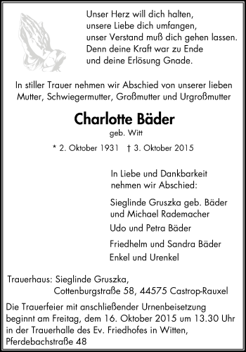 Traueranzeige von Charlotte Bäder von Witten aktuell