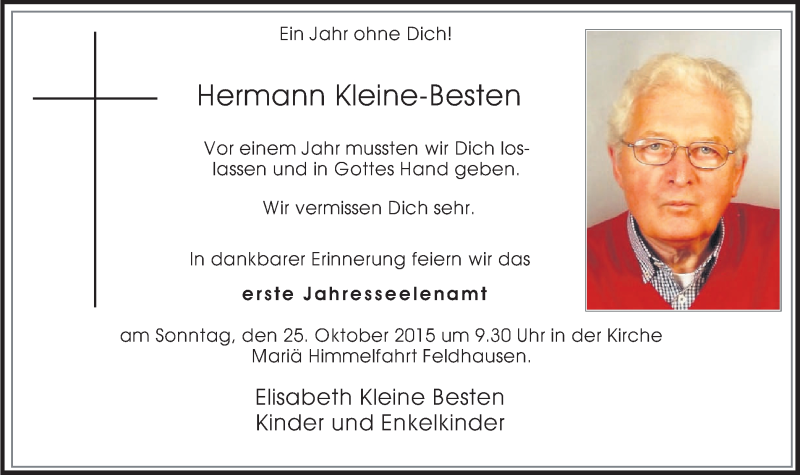  Traueranzeige für Hermann Kleine-Besten vom 21.10.2015 aus Stadtspiegel Bottrop