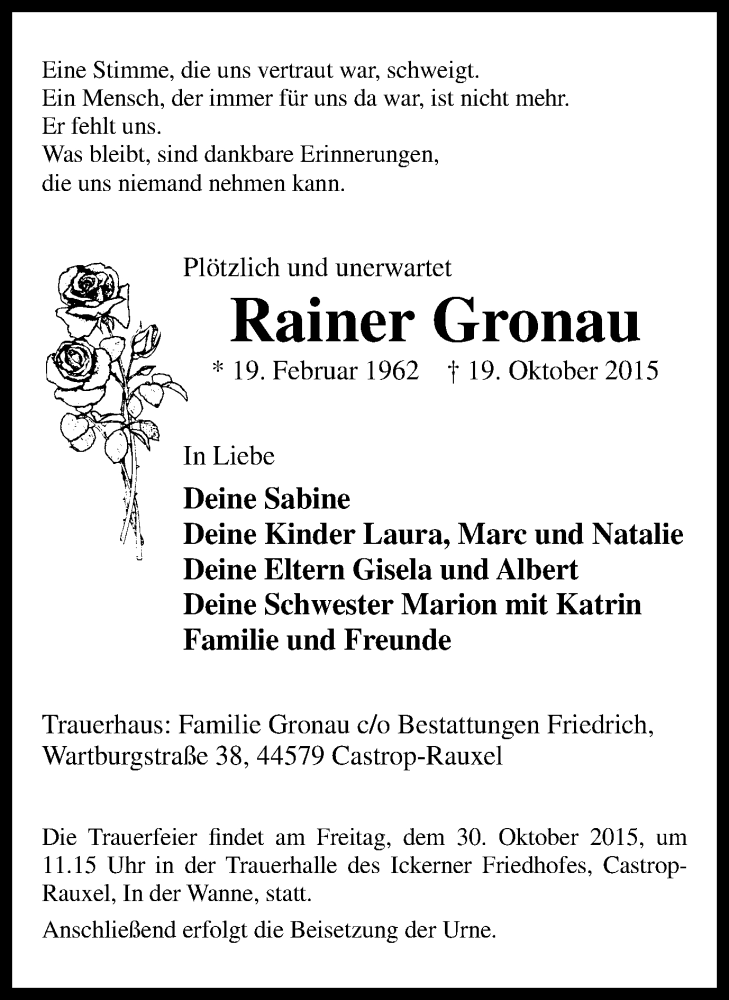  Traueranzeige für Rainer Gronau vom 24.10.2015 aus Stadtanz.Castrop-Rauxel