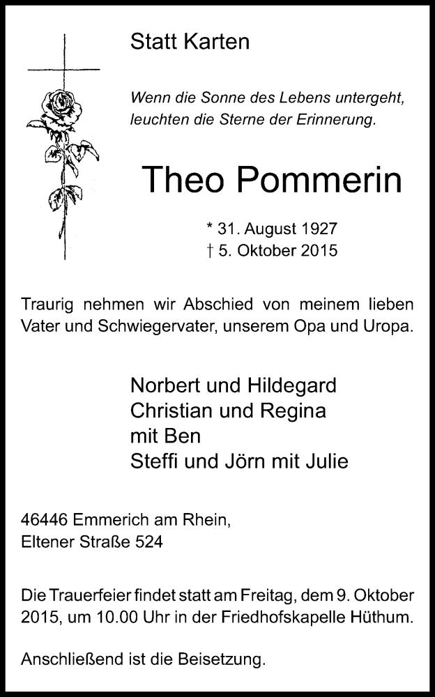 Traueranzeigen von Theo Pommerin | Trauer-in-NRW.de