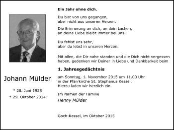 Traueranzeige von Johann Mülder von Gocher Wochenblatt