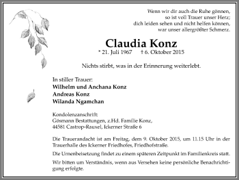 Traueranzeige von Claudia Konz von Stadtanz.Castrop-Rauxel