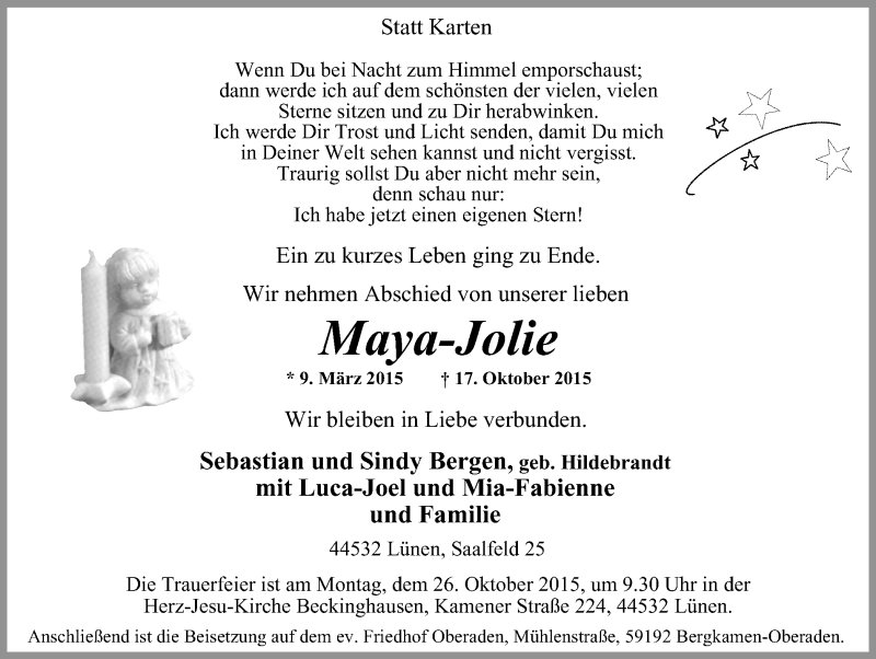  Traueranzeige für Maya-Jolie  vom 21.10.2015 aus Lüner Anzeiger