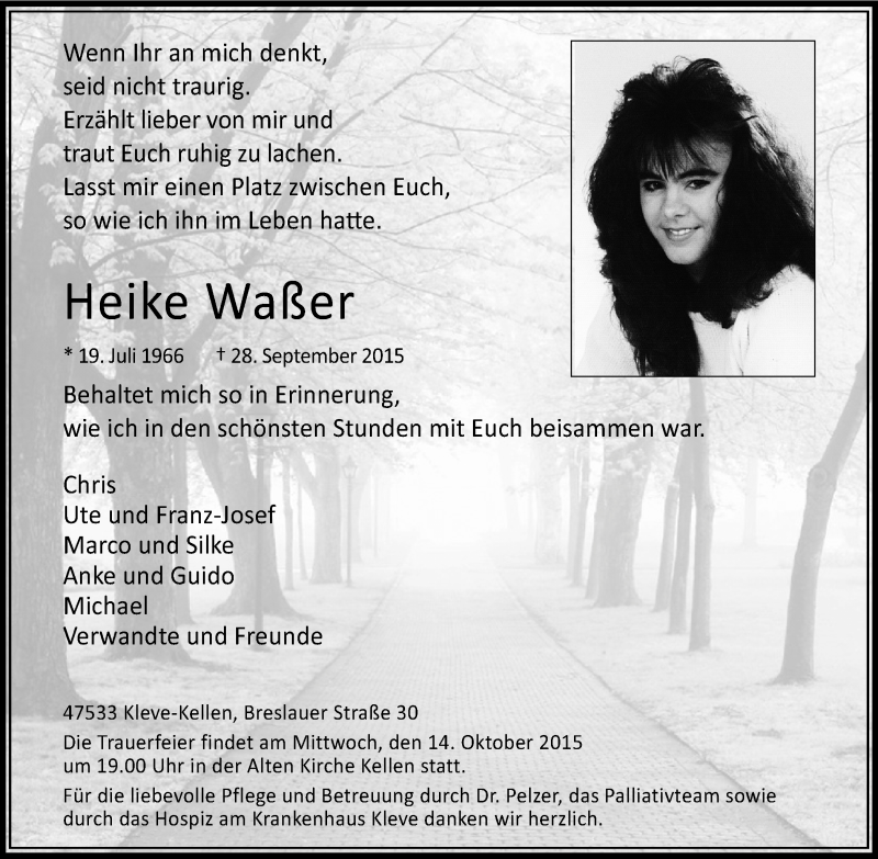  Traueranzeige für Heike Waßer vom 07.10.2015 aus Klever Wochenblatt