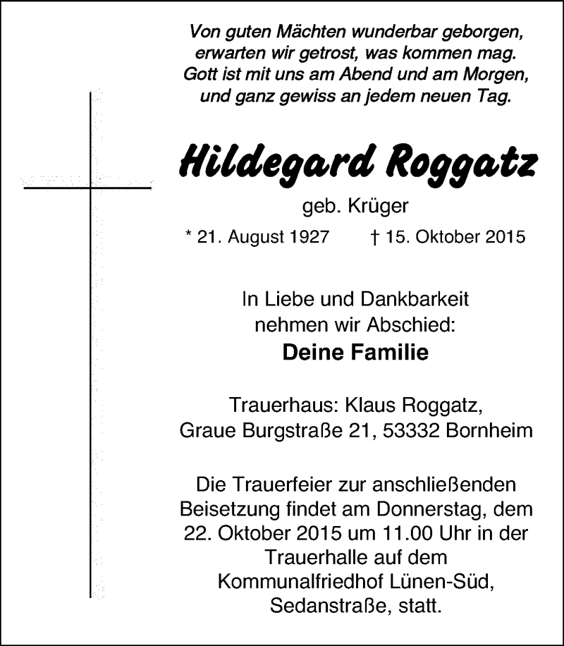  Traueranzeige für Hildegard Roggatz vom 17.10.2015 aus Lüner Anzeiger