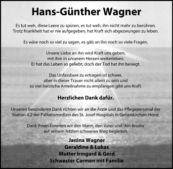 Traueranzeige von Hans-Günther Wagner von Stadtspiegel Gelsenkirchen