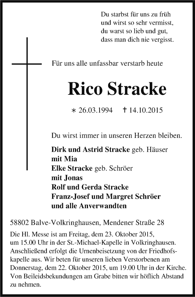  Traueranzeige für Rico Stracke vom 17.10.2015 aus Stadtspiegel Menden + Froendenberg