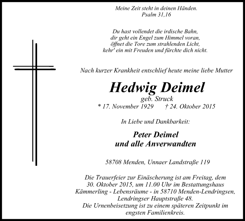  Traueranzeige für Hedwig Deimel vom 28.10.2015 aus Stadtspiegel Menden + Froendenberg