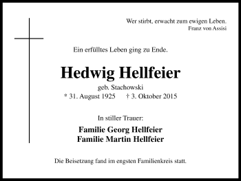 Traueranzeige von Hedwig Hellfeier von Stadtanz.Castrop-Rauxel