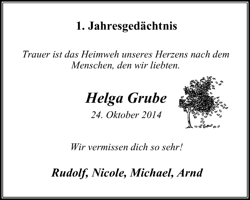  Traueranzeige für Helga Grube vom 24.10.2015 aus Mülheimer Woche