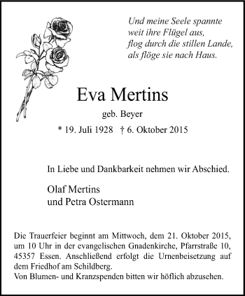 Traueranzeige von Eva Mertins von Stadtspiegel Essen