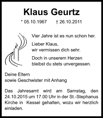Traueranzeige von Klaus Geurtz von Gocher Wochenblatt