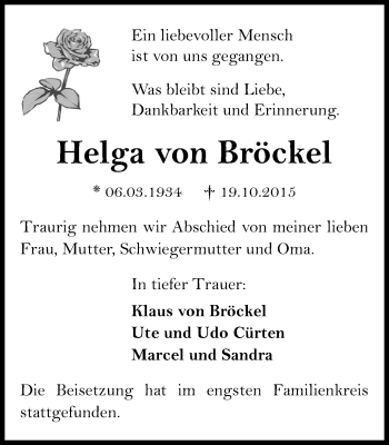 Traueranzeige von Helga von Bröckel von Wochen-Anzeiger Oberhausen