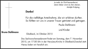 Traueranzeige von Bruno Dahlmann von Stadtspiegel Gladbeck