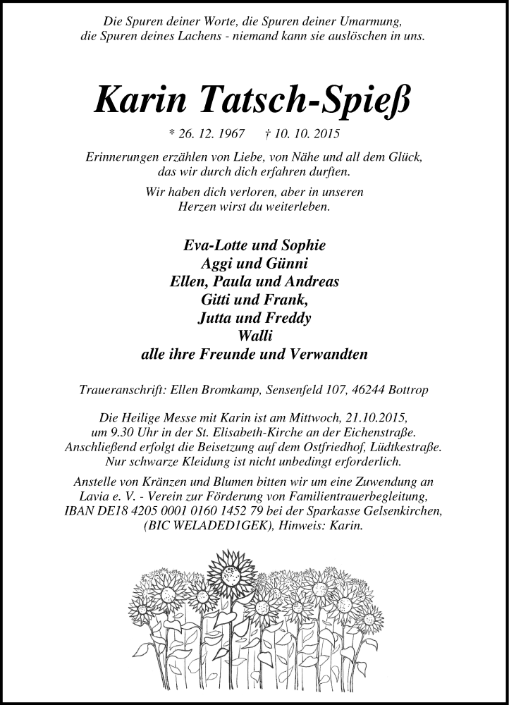  Traueranzeige für Karin Tatsch-Spieß vom 17.10.2015 aus Stadtspiegel Bottrop