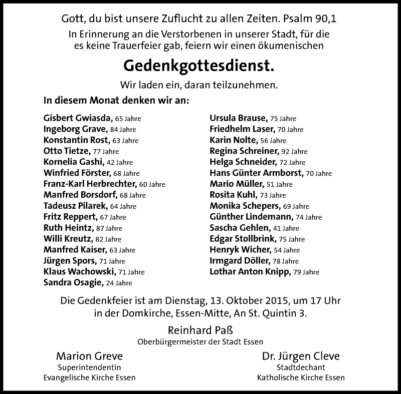  Traueranzeige für Gedenkgottesdienst  vom 10.10.2015 aus Stadtspiegel Essen