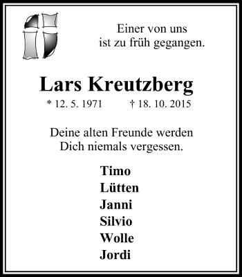 Traueranzeige von Lars Kreutzberg von Stadtanzeiger Velbert + Heiligenhaus