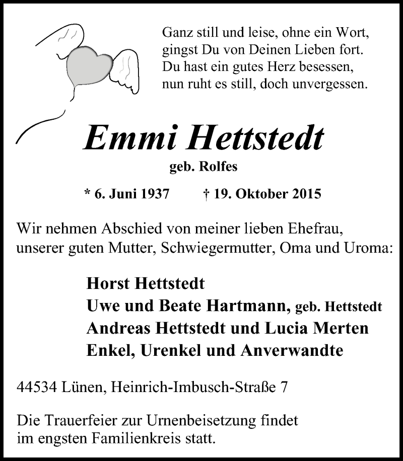  Traueranzeige für Emmi Hettstedt vom 24.10.2015 aus Lüner Anzeiger