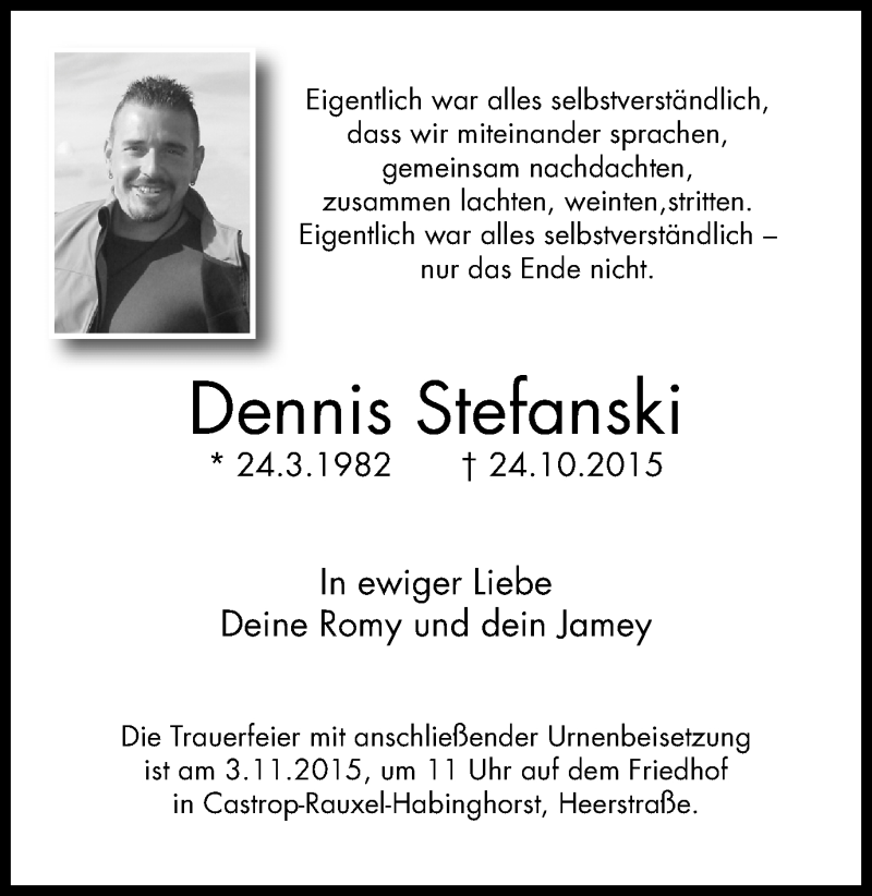  Traueranzeige für Dennis Stefanski vom 31.10.2015 aus Stadtanz.Castrop-Rauxel