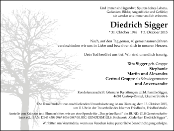 Traueranzeige von Diedrich Sigger von Stadtanz.Castrop-Rauxel
