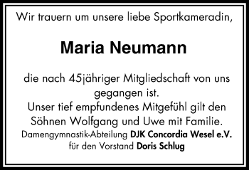 Traueranzeige von Maria Neumann von Der Weseler + Der Xantener