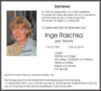 Traueranzeige von Inge Raschka von Stadtanzeiger Emmerich/Rees/Isselburg