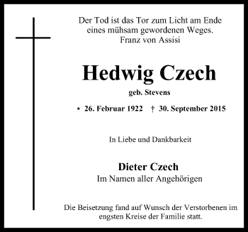 Traueranzeige von Hedwig Czech von Wochen-Anzeiger Oberhausen