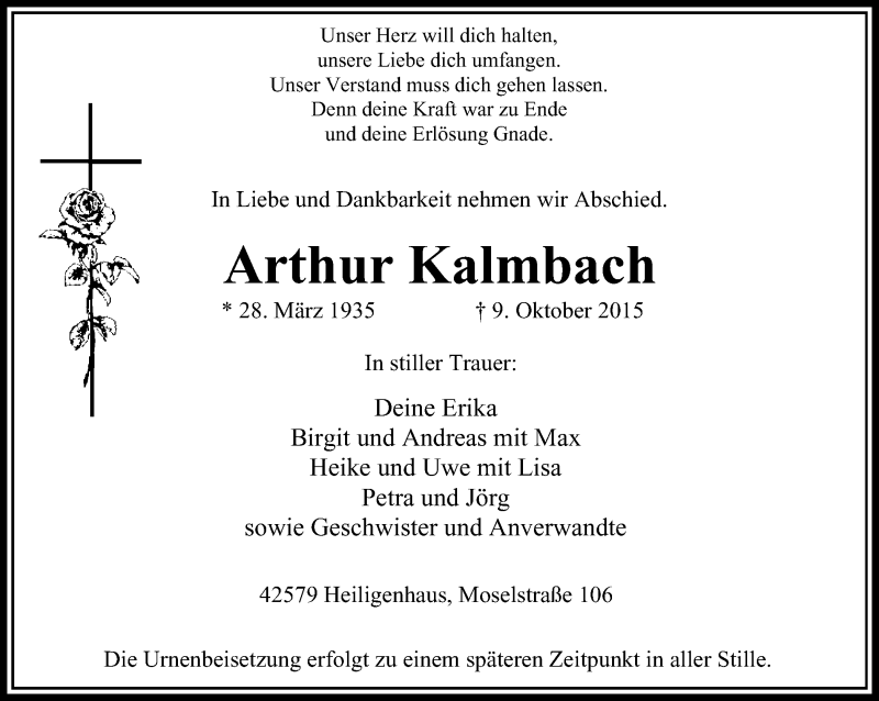  Traueranzeige für Arthur Kalmbach vom 14.10.2015 aus Stadtanzeiger Velbert + Heiligenhaus