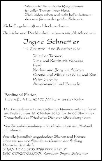 Traueranzeige von Ingrid Schnettler von Mülheimer Woche
