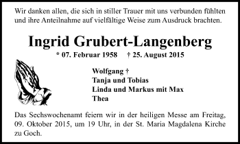 Traueranzeige von Ingrid Grubert-Langenberg von Gocher Wochenblatt