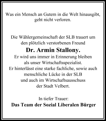 Traueranzeige von Armin Stallony von Stadtanzeiger Velbert + Heiligenhaus
