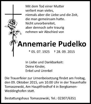 Traueranzeige von Annemarie Pudelko von Stadtspiegel Kamen + Unna