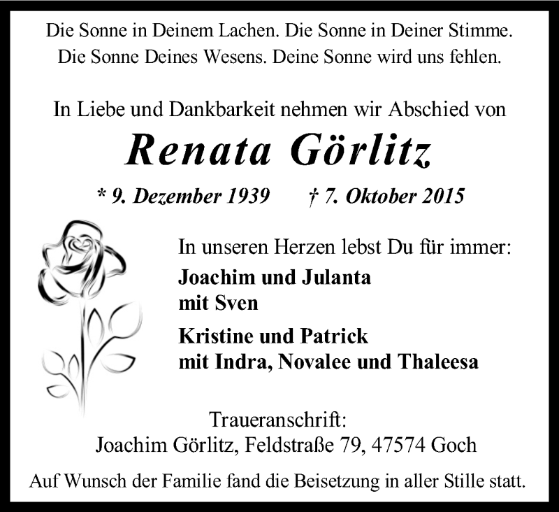  Traueranzeige für Renata Görlitz vom 17.10.2015 aus Gocher Wochenblatt
