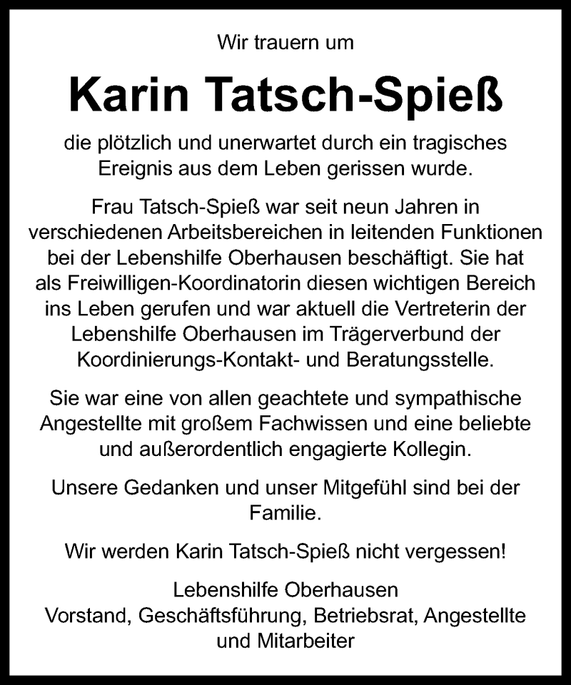  Traueranzeige für Karin Tatsch-Spieß vom 21.10.2015 aus Wochen-Anzeiger Oberhausen