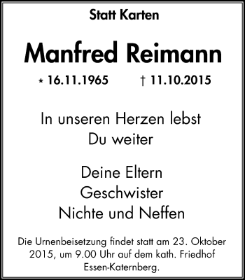 Traueranzeige von Manfred Reimann von Nord Anzeiger Essen