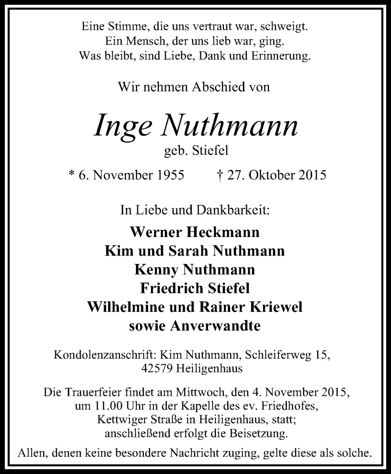  Traueranzeige für Inge Nuthmann vom 31.10.2015 aus Stadtanzeiger Velbert + Heiligenhaus
