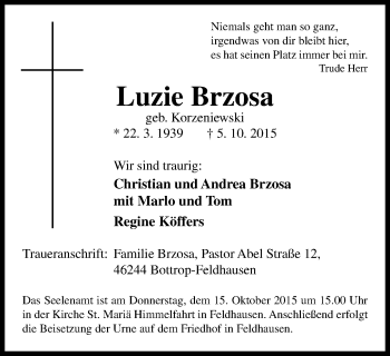 Traueranzeige von Luzie Brzosa von Wochen-Anzeiger Oberhausen