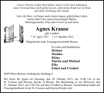 Traueranzeige von Agnes Krause von Stadtanzeiger Emmerich/Rees/Isselburg